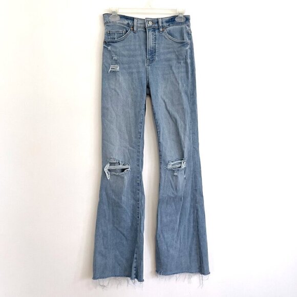 EXPRESS Flare High Rise Jeans Light Wash Ripped Fraying Raw Hem High Waisted Y2K - Picture 2 of 12